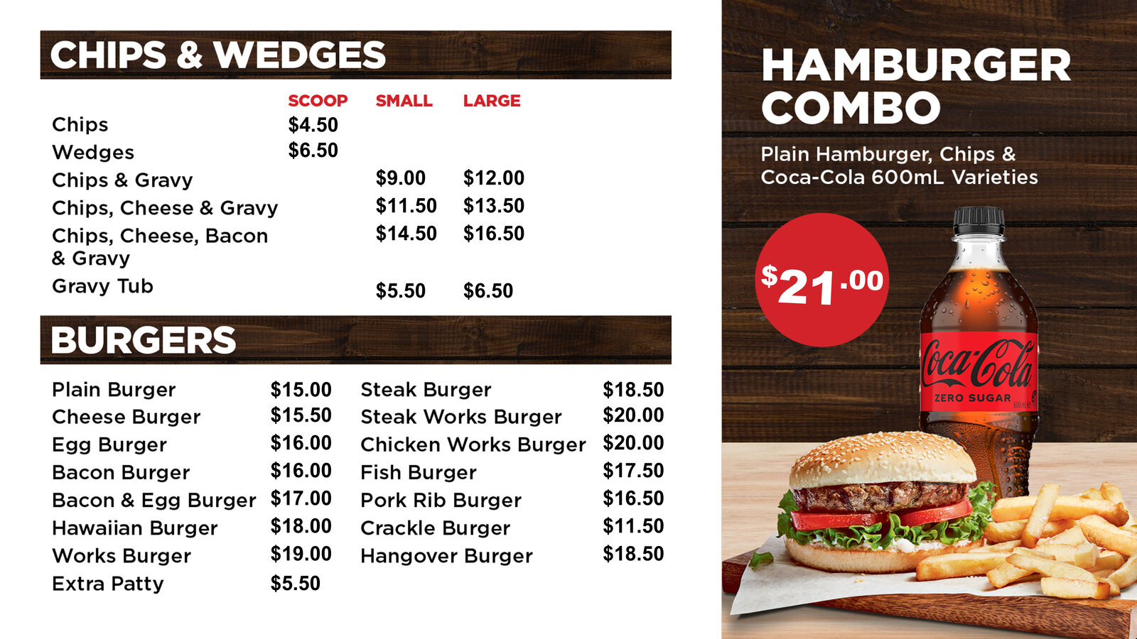 Menu board: chips and wedges, burgers, and the hamburger combo