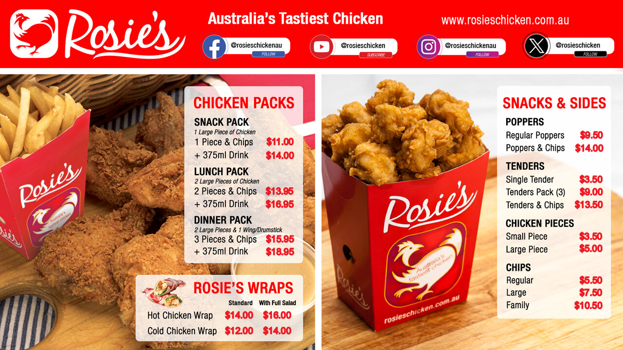 Rosie&rsquo;s menu board: chicken packs, wraps, snacks and sides