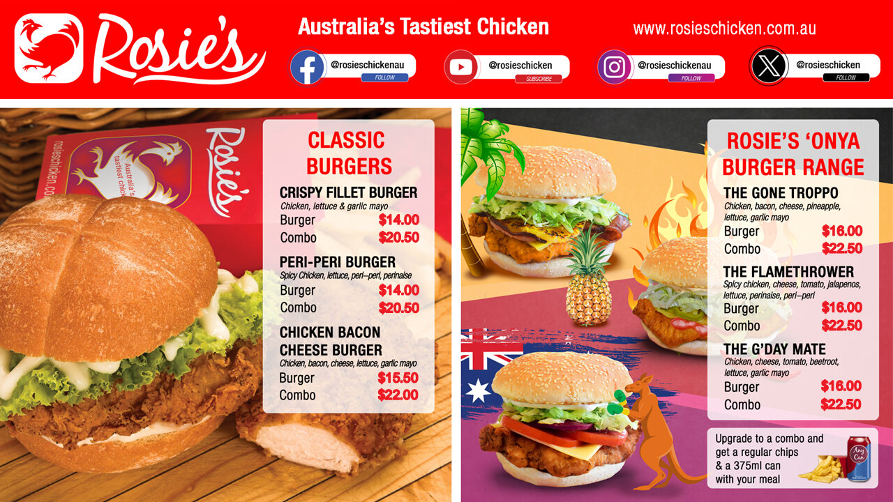 Rosie&rsquo;s menu board: classic burgers and the &lsquo;Onya burger range